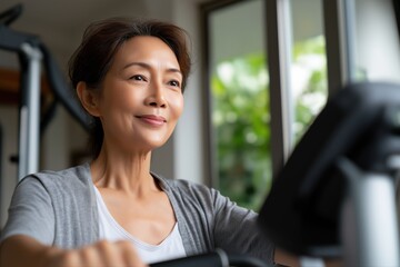 Asian mature female exercising on a cardio machine at home