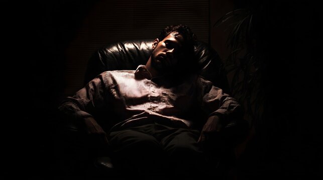 A man sleeps deeply in a dark leather chair illuminated by dim light portraying a mood of exhaustion or quiet reflection