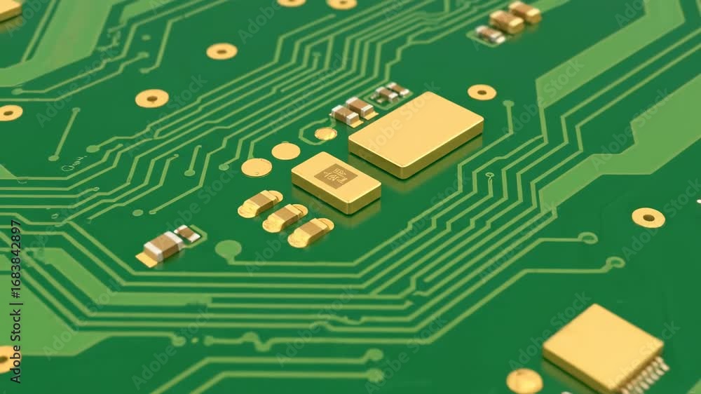 Poster green circuit board with golden components - close-up view of a green printed circuit board featurin