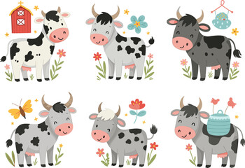 Cute cartoon cows with flowers and accessories, vector farm animal illustration for children’s education, storybooks, games, and creative agricultural or countryside-themed projects