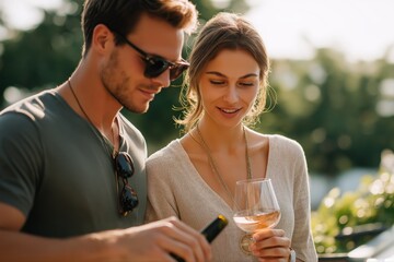Young caucasian couple enjoying wine outdoors on a sunny day