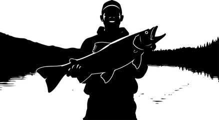 "Mountain Lake Fishing Silhouette Design"