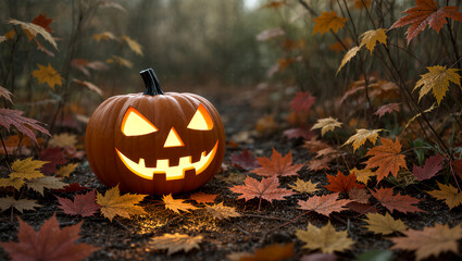 Glowing Jack-o'-lantern in a Forest of Autumn Leaves