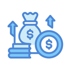 Stylized blue money bag, coins and arrows, financial growth