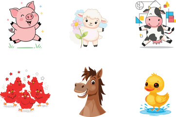 Cute cartoon farm animals in playful poses, vector illustration for children’s education, storybooks, games, and creative projects with pig, lamb, cow, chicken, horse, duck