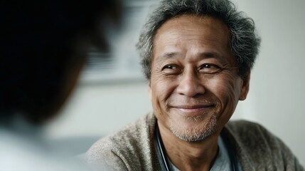 A smiling elderly man with grey hair and a beard expresses warmth and trust during a medical consultation radiating contentment in a bright indoor