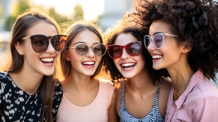 Happy Diverse Women Friends Smiling Outdoors Sunglasses