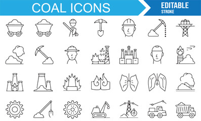 Coal mining icon collection in line art style with energy, carbon, industrial, and transport graphics
