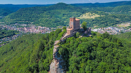 Aerial view on medieval Trifels Castle (Reichsburg Trifels) and Annweiler in the Palatinate region of southwestern Germany.