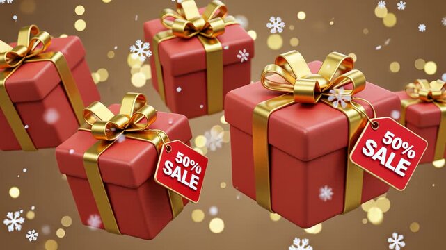 Festive gift boxes with sale tags and falling snowflakes in a golden holiday background - Powered by Adobe