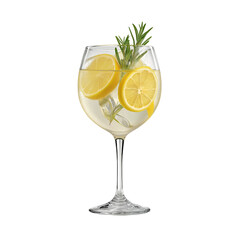  gin and tonic in a wine glass with lemon and rosemary, isolated on a white background, ultra-realistic photography. 