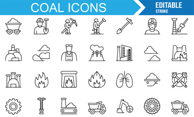 Mining and coal industry icon collection in outline style with shovel, fire, gear, and helmet symbols