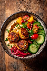 A falafel bowl filled with crispy falafel, vibrant cherry tomatoes, cucumber slices, and pickled onions sits next to smooth hummus on a wooden table