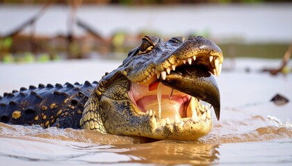 Obraz premium A caiman captures a bird mid-hunt in muddy water, showcasing raw predator-prey interaction and the intensity of survival in the wild.