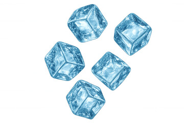 Five ice cubes rotating on transparent background, perfect for refreshing summer drinks, cocktails, and beverages