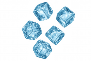 Five ice cubes rotating on transparent background, perfect for refreshing summer drinks, cocktails, and beverages