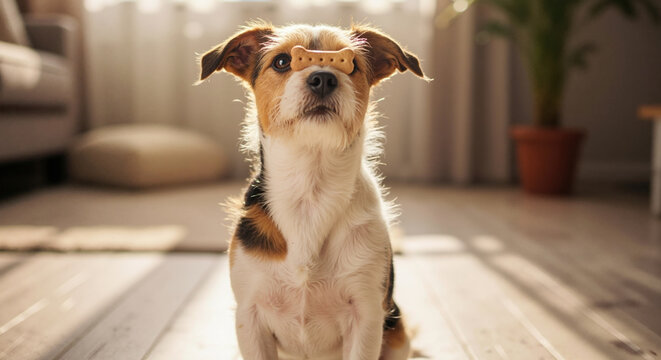 Small dog wearing treat dispenser on nose looking focused indoors with natural lighting. Pet training and interactive toys for dog behavior modification and veterinary services