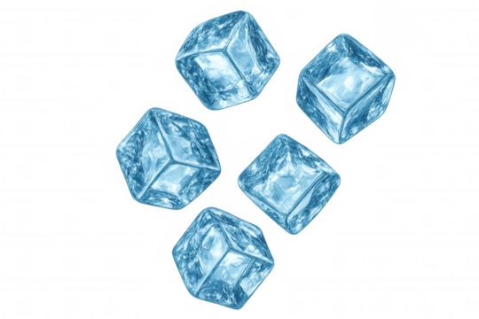 Five ice cubes rotating on transparent background, perfect for refreshing summer drinks, cocktails, and beverages