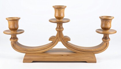 A handcrafted wooden candle holder with curved arms and a tiered design, holding four candles—showcasing rustic charm and artisanal craftsmanship.