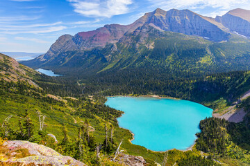 Scenic close up view of vivid turquoise Lake Grinnell at More Glacier
