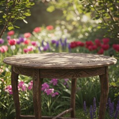 Fototapeta premium Rustic Wooden Table in a Colorful Spring Garden