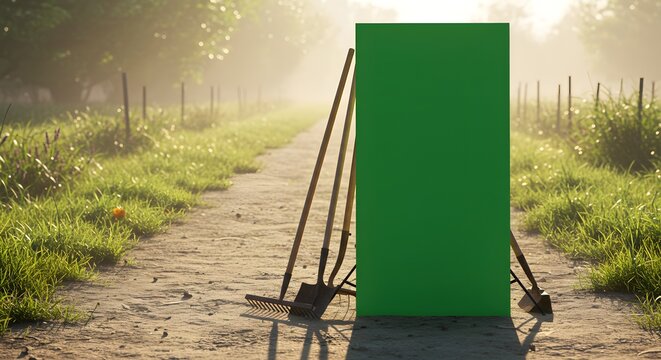 Sunrise on a Farm with Gardening Tools and a Green Screen Background for Mockups and Post-Production