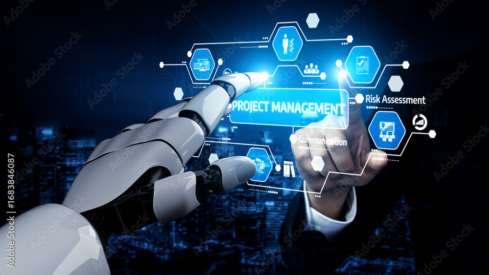 Poster a futuristic robot hand interacts with a digital project management interface, showcasing technology