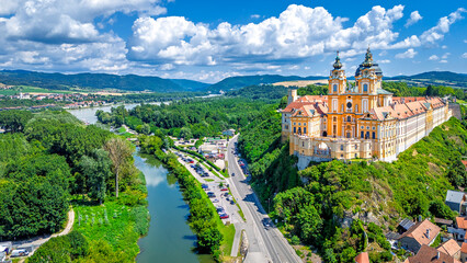 Benedictine Melk abbey above the town of Melk, overlooking the Danube river, in the Wachau valley...