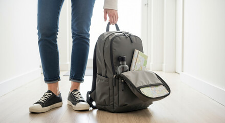 Person with gray backpack containing water bottle and map ready for travel adventure. Travel gear and hiking equipment for outdoor recreation and adventure tourism marketing