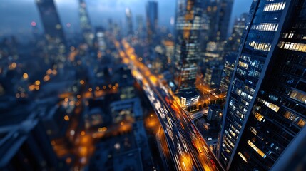 A High-Angle Aerial Shot of a Bustling City Street at Night with Light Trails.