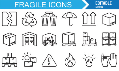 Line art fragile icon collection featuring pallet, forklift, box, warehouse, and delivery marks