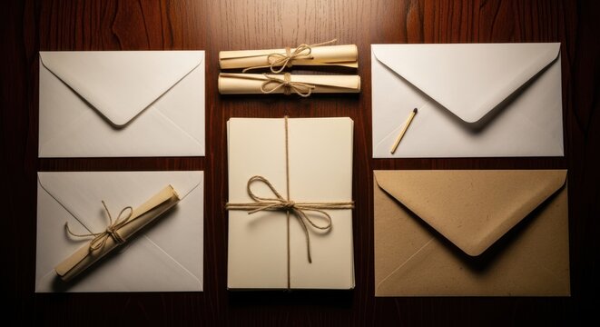 Old paper scrolls and envelopes tied with string arranged on a dark wood table