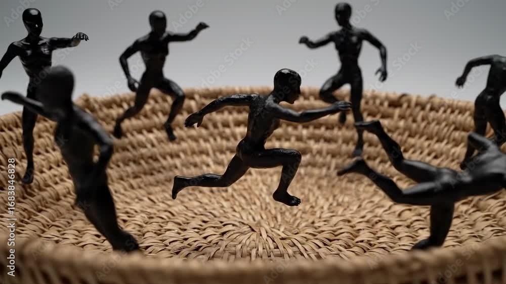 Poster black figurines running in wicker bowl - several small black figurines are dynamically posed as if r