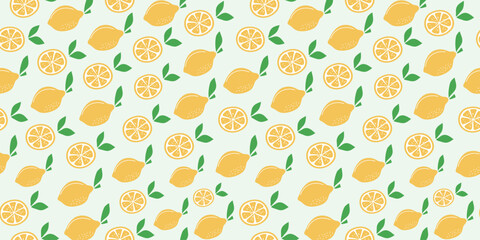 Lemons, leaves, seamless natural pattern. Hand drawn fruits, citrus. Food, slices and whole fruits. Colored repeating background.