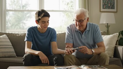 Grandson Showing Grandfather Smartphone - A teenage boy sits beside his grandfather on a couch, showing him something on a smartphone. They are both smiling and engaged in the activity. - Powered by Adobe
