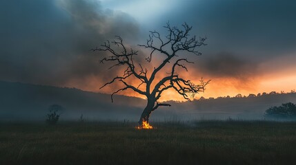 Flaming Tree in a Field Surrounded by Smoke and Evening Light