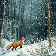 Winter fox in a snowy forest