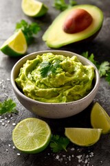 Delicious avocado dip is presented in a bowl surrounded by lime wedges and fresh cilantro. The vibrant green color suggests ripe ingredients perfect for snacks or gatherings