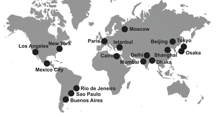 Biggest cities in world on map. vector	
