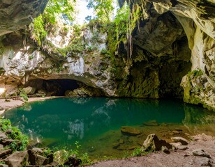 Lush cave pool, sunlight filtering