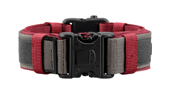 Close-up of a tactical belt.  Red and gray webbing with multiple adjustable straps and buckles.  Dark gray/black plastic hardware