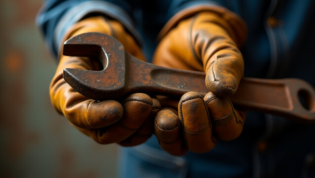 A gloved hand holding a rusty adjustable wrench a tool for mechanics and tradespeople for repairs and maintenance tasks
