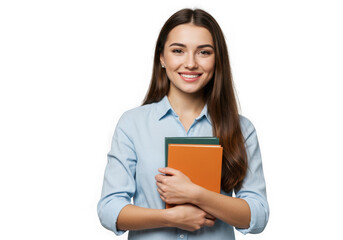 Smiling student with books isolated on transparent background is looking at the camera