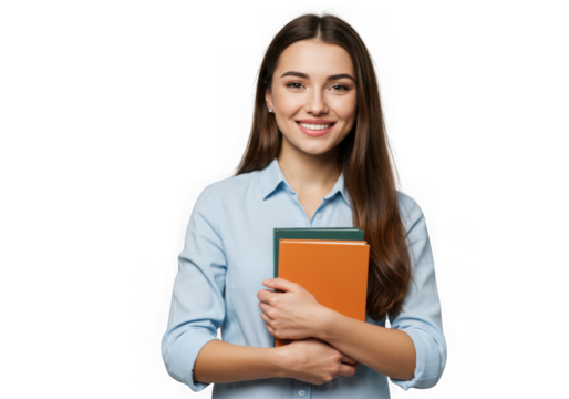 Smiling student with books isolated on transparent background is looking at the camera