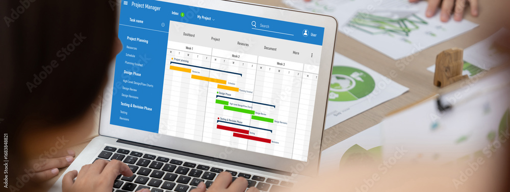 Poster project planning software for brisk business project management on the computer screen showing timel