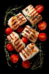 Juicy grilled fish fillets are arranged with halved cherry tomatoes and fresh thyme. The black background enhances the vibrant colors of the dish, showcasing culinary creativity