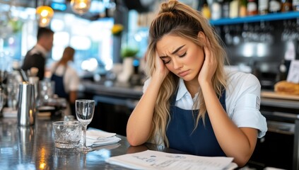 Stressed young waitress feels overwhelmed by paperwork at a busy cafe, experiencing work pressure