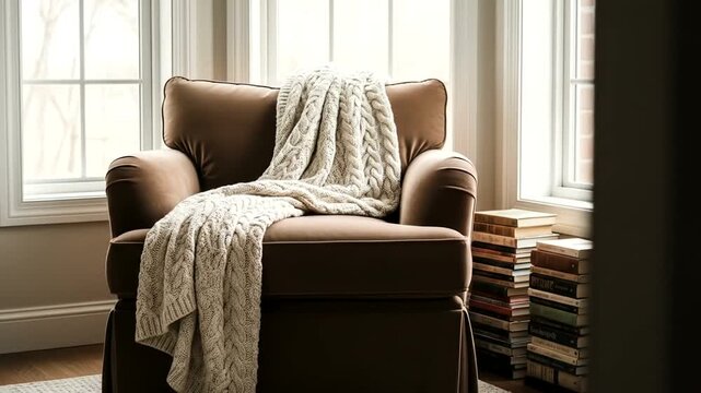 A cozy corner armchair draped in a cable knit blanket, bathed in sunlight, with a stack of books beside a window.