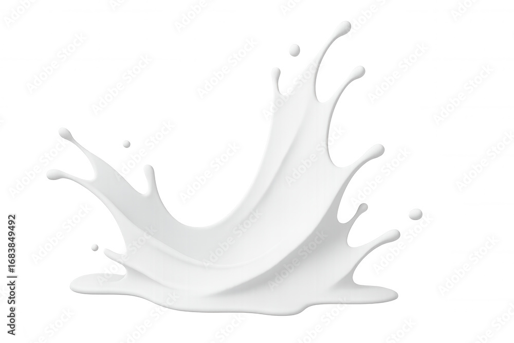 Poster milk splashing, creating elegant crown-like formation with dynamic white liquid movement on clear ba
