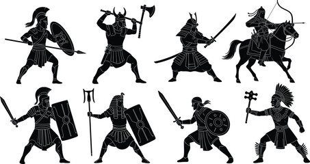 Silhouettes of historical warriors from different cultures with weapons and armor, ancient soldiers, samurai, Viking, knight, Aztec, Mongol, medieval fighter